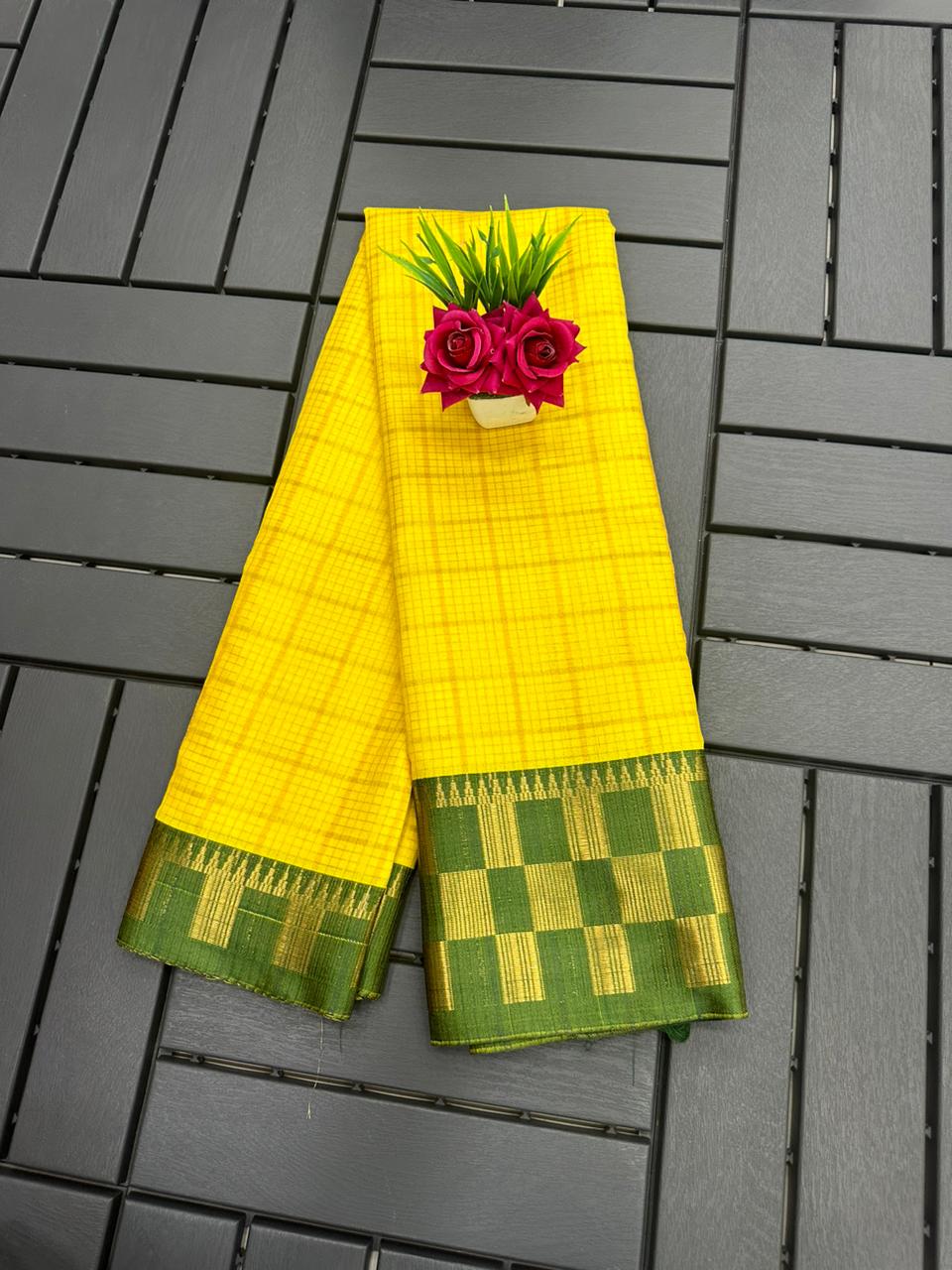 Aab Checks Pattern Printed Kanchipuram Silk Sarees